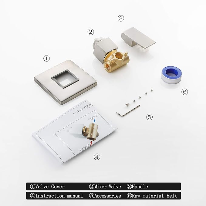 Shower Valve Kit, Single Handle Mixing Valve Shower Control Valve Kit Single Function Rough-In Valves Set, Brushed Nickel Tub Valve and Trim Kit