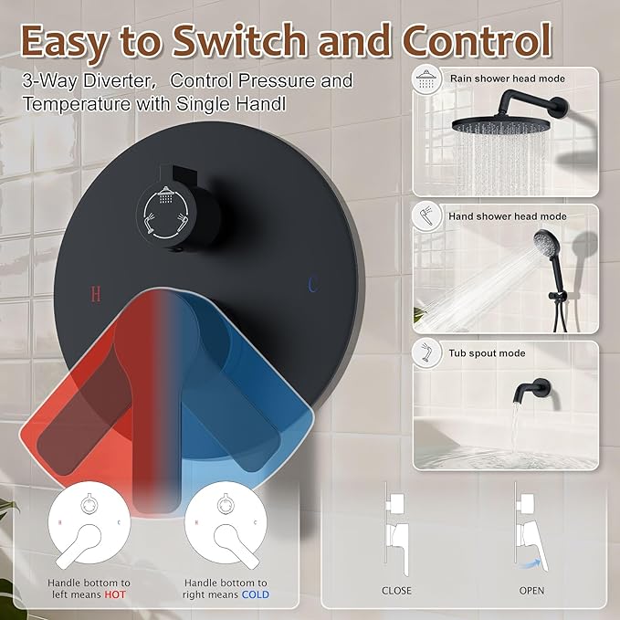 Iriber Mattle Black Bathtub Shower Faucet Set，Bathroom Shower System with Tub Spout ，Filtered Shower Head with Handheld, 9 Spray Mode Showerhead,Shower Valve Trim Kit Contain Cartridge,10 Inch