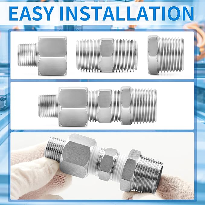 ChillWaves 304 Stainless Steel Pipe Fitting, Hex Nipple 3/8" NPT Male x 3/8" NPT Male Thread Adapter(6-PACK)