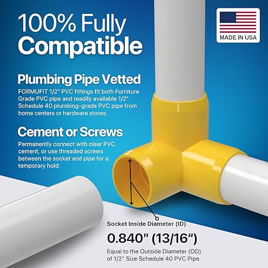 FORMUFIT 1/2” 3-Way Elbow Furniture Grade PVC Fitting in Yellow, Made in USA, UV-Resistant, Impact-Proof, 0.840” Actual Socket Diameter (Pack of 10)