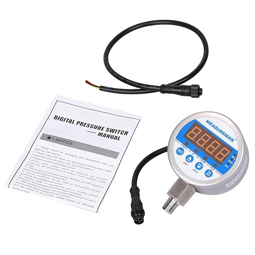 MEASUREMAN 3-1/8" Dial Size Stainless Steel Industrial Digital Pressure Control, Pressure Switch, 1/4" NPT Lower Mount, 0-230psi, 110VAC, 0.5% Accuracy, LED Display