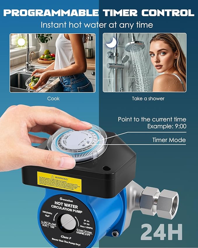 Instant Hot Water Recirculating Pump with Stainless Steel Adjustable Bypass Valve Kit for Tank Water Heaters Circulator Pump with Upgraded Timer Water Recirculating System with Complete Kit