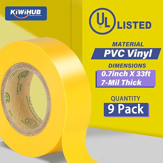 Yellow Electrical Tape, UL Approved, 9 Pack 0.7in X 33ft, Industrial Grade Vinyl Electrical Insulating Tape, Electric Tape for Improvement Electrical Equipment