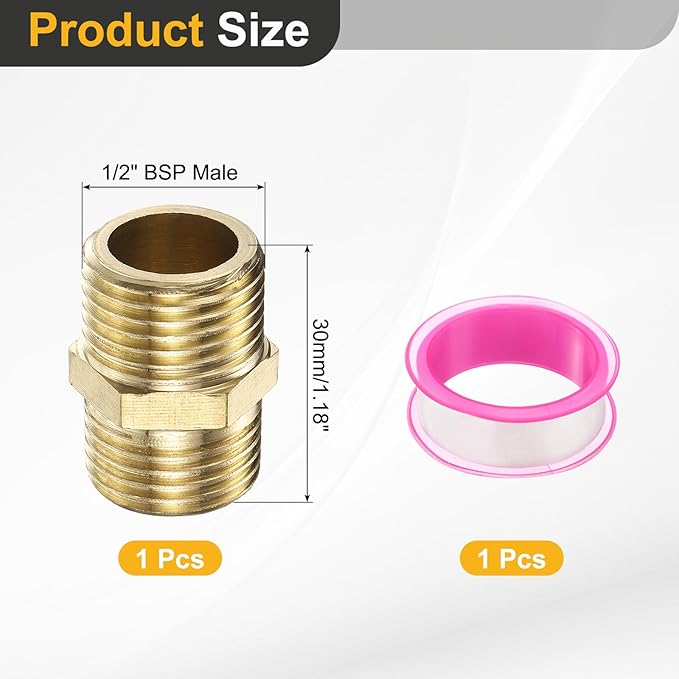PATIKIL Brass Pipe Fitting, 1/2" BSP Male x 1/2" BS Male Thread Connector Brass Hex Nipple Pipe Fitting Adapter for Gas Water Refrigeration System Conversion