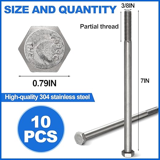 10 Pack 3/8-16 x 7'' Hex Head Cap Screw Bolt 304 Stainless Steel Half Thread External Hex Drive Screw Bolt Fastener for Wet Outdoor Metal Framing Concrete Reinforcement Railing Trellises