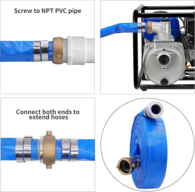 2" x 50′FT Pool Backwash Hose With Aluminum Pin Lug Fittings, Heavy Duty Reinforced PVC Lay Flat Water Pump Discharge Hose Assembly