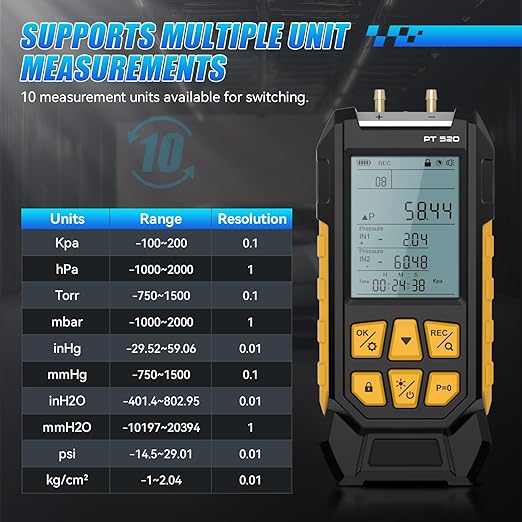 Manometer, Dual-Port HVAC Manometer with 7 Adapters, 10 Units Switch, Data Locking & Storage, Backlit Display Screen Gas Pressure Tester, -100 to 200Kpa, PT520