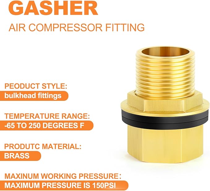 GASHER 2PCS Brass 1" Female 1" Male Bulkhead Tank Connector Adapter Fitting with Rubber Ring