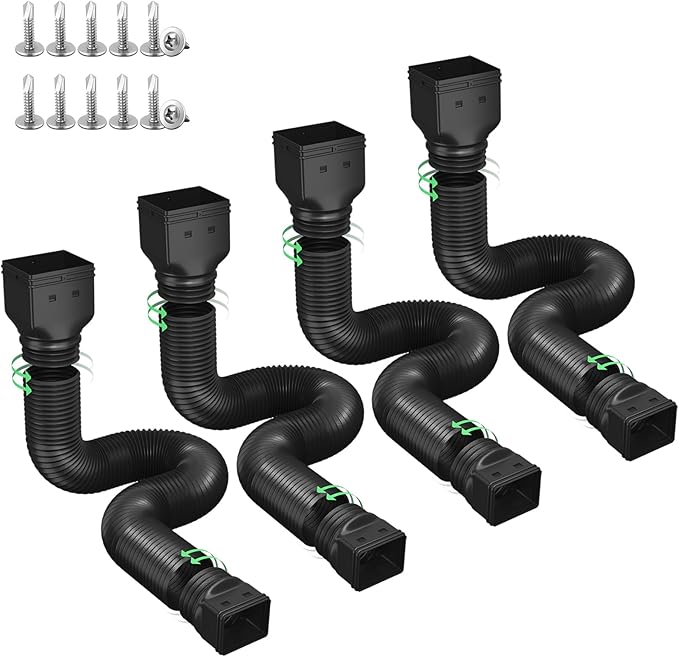 Rain Gutter Downspout Extensions, Downspout Extender for Rainwater Drainage Flexible, Down Spout Drain Extension Pipe and Extendable from 21 to 66 Inches (4 Pack, Black)