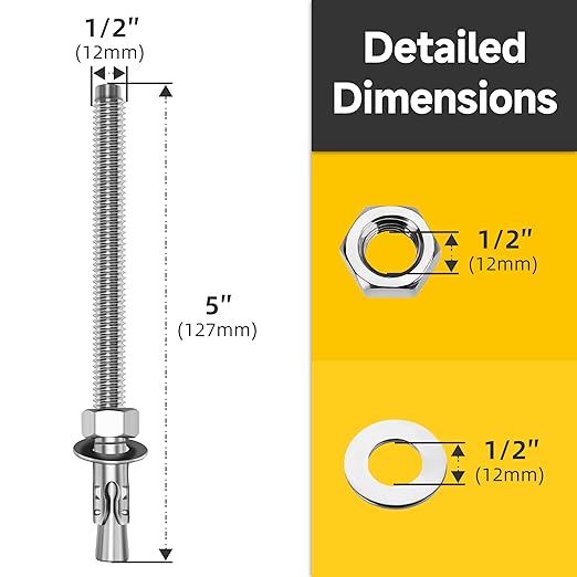Mywish 1/2 x 5 Inch Wedge Anchors, 5Pcs 304 Stainless Steel Industrial 1/2 Heavy Duty Industrial Masonry Wdege Anchor Bolts for Brick Cement and Concrete, Bright Finish