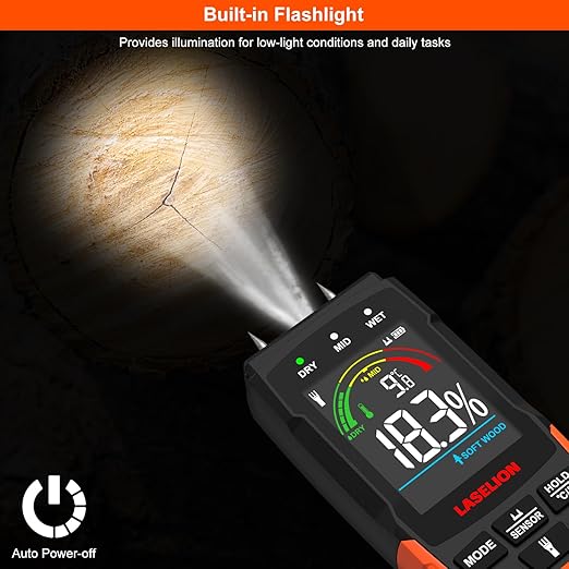 2-in-1 Pin & Pinless Moisture Meter MS03 – Accurate Moisture Detection for Wood, Concrete, Drywall, and More – LCD Display with Hold Function, Flashlight, and Auto Power Off