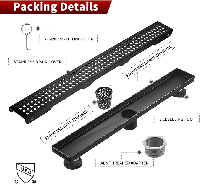 Sharp-tec 24 inch Linear Shower Drain, Black Rectangular Floor Drain, V-Shape Design Drain Channel, 304 Stainless Steel, cUPC Certificated for Bathroom Shower (Drain Base is Not Included)
