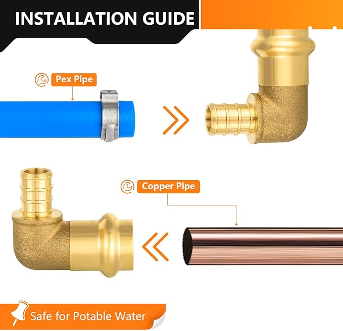 40-Pack HeSun Copper Press Fitting Elbow, 1/2" PRESS X 1/2" PEX F1807 Crimp Elbow, LF Brass