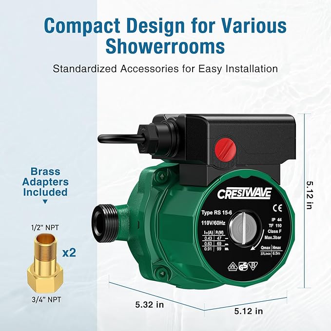 CrestWave Hot Water Recirculating Pump, 93W 110V Water Circulation Pump for Water Heater, 3-Speed-Control Durable Hot Water Pump for Domestic Electric Water Heater System