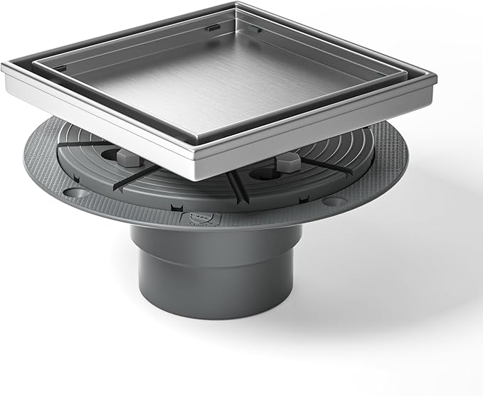 Square Shower Drain 6" with 2" PVC Flange Base, 304 Stainless Steel Tile in Floor Drain w/Tiled Insert Grate & Hair Catcher, CUPC Certified(Brushed, 6'')