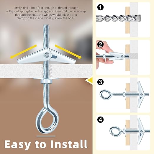 15Pcs M6 x 70mm Eye Bolt Toggle Bolt Assortment Kit, Spring Toggle Bolts Butterfly Anchors Butterfly Toggle Anchors, Heavy Duty Drywall Anchors with Wing Nut for Hanging Lamps Heavy Items
