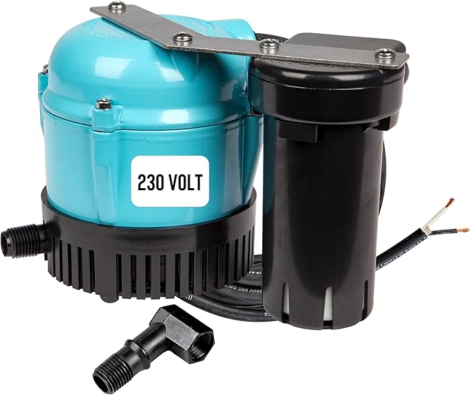 Little Giant 1-ABS 230-volt, 50/60 Hz, 1/150 HP, 205 GPH Automatic Shallow Pan Condensate Removal Pump for Ceiling Mounted Air Conditioners or Dehumidifiers, Black/Blue, 550532