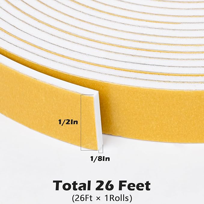 ToLanbbt White Door Window Weather Stripping Self Adhesive Foam Tape High Density Foam Sealing Strip Window Insulation Weatherproof Gasket Tape for Doors and Windows (1/2" W X 1/8" T X 26')