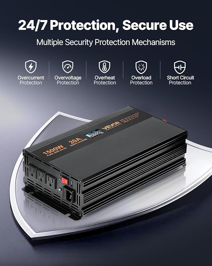VEVOR Sump Pump Battery Backup System, 1500W, Auto Switches to Battery Inverter for Continuous Sump Pump Operation, Pure Sine Wave, LCD Display, for Basement Protection Emergency and Power Outage