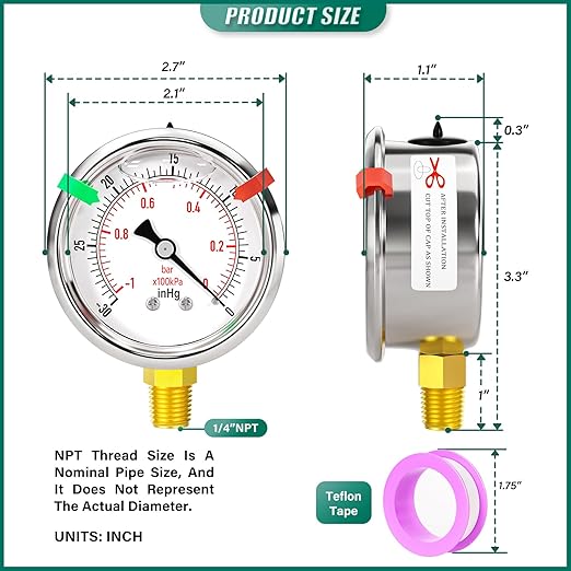-30inHG-0psi Stainless Steel Glycerin Liquid Filled Vacuum Pressure Gauge 1/4" NPT 2.5" Face Dial Center Lower Mount, for Water, Oil and Air Pressure Testing (with Range Mark Pointer)