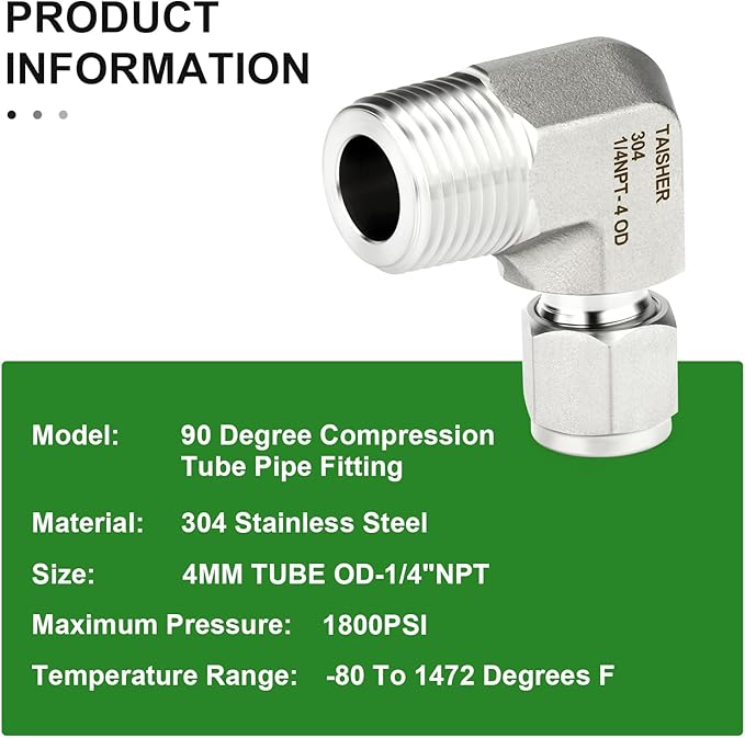 TAISHER 1PCS 304 Stainless Steel 90 Degree Compression Tube Pipe Fitting Connector, 4MM Tube OD x 1/4" NPT Male Adapter