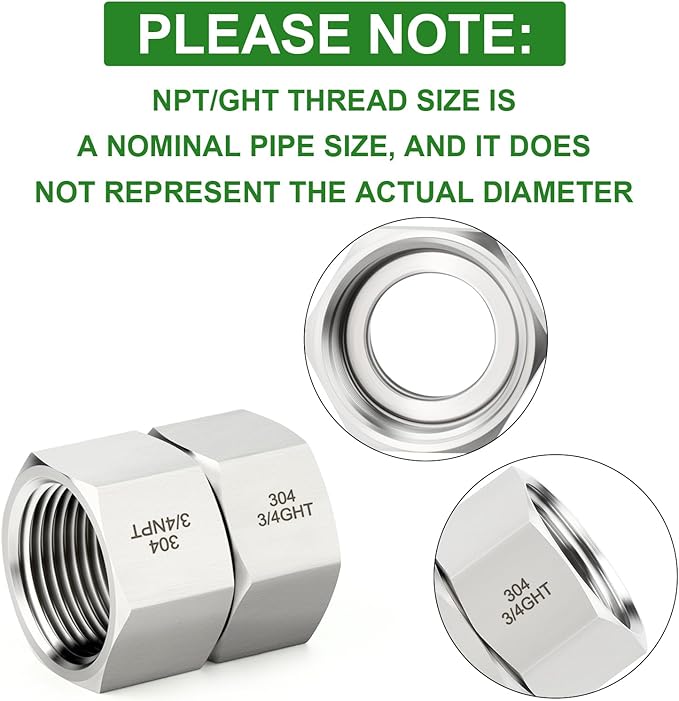 TAISHER 1PCS 304 Stainless Steel Garden Hose Adapter, 3/4" GHT Female x 3/4" NPT Female Garden Hose Connector with Washers