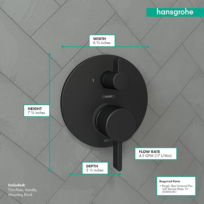 hansgrohe Ecostat Modern Pressure Balance Shower Valve Trim with Diverter in Matte Black, 04447670