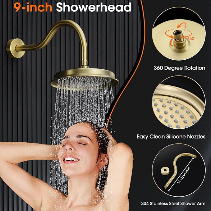 Antique Shower Faucet Set Brushed Gold, 9 inch High Pressure Rainfall Shower Head, Shower System with Pressure Balance Valve, Shower Trim Kit with Rough-in Valve (WT-9817BG)
