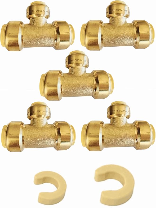 (Pack of 5) EFIELD 3/4"x 3/4" x1/2" Tee Push-Fit Fitting to Connect Pex, Copper, CPVC With 2 Sizes Disconnect Clips,(PF127-5PCS)