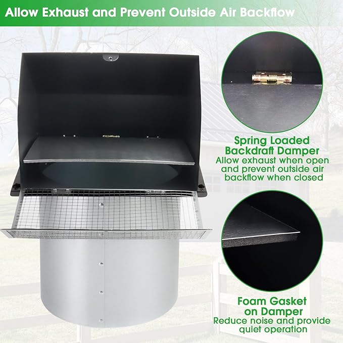 12 Inch Wall Vent Hood Exhaust Vent Cover Cap Outdoor Hooded Wall Vent with Screen and Damper for HVAC Duct Dryer Range Hood Industrial Facilities Ventilation and Air Exhaust,Galvanized Steel,Black