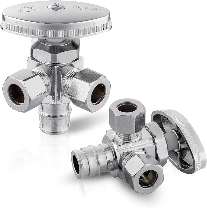(Pack of 2) Seelink Multi-Turn Dual Outlet Angle Stop Valve, 1/2" Pex-a Expansion F1960 Pipe Inlet x (3/8 inch x 3/8 inch) Compression Outlets, Chrome Plated Brass