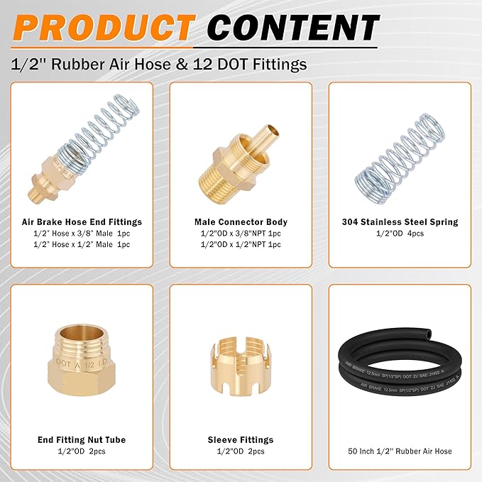 12Pcs Brass 1/2” DOT Air Hose Fittings with Spring Guards, Male Connector Air Brake Hose End Fittings with Fitting Sleeve Tubes, 50 Inch 1/2” SAE J1402 Air Brake Hose for Semi Truck