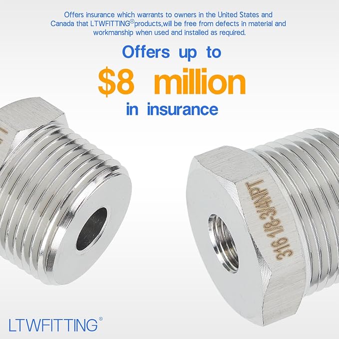 LTWFITTING Bar Production Stainless Steel 316 Pipe Hex Bushing Reducer Fittings 3/4" Male x 1/8" Female NPT Fuel Water Boat (Pack of 100)