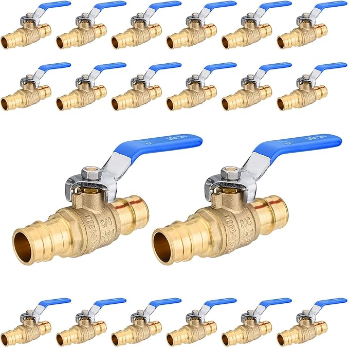 20-Pack Foskan 3/4" Brass PEX-A Ball Valve with Blue Handle, Quarter Turn Full Port Valve for PEX-A Pipe Connection