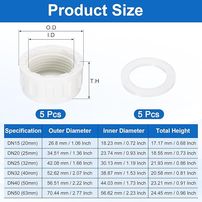 uxcell 5Pcs 1 Inch PT Female Thread PVC Pipe Fitting Cap, Cleanout Water Drain End Caps, Pipe Plug Socket Fittings with Gasket for Water Heater Supply Lines, Plumbing, White
