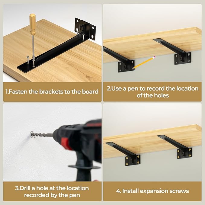 8" Heavy Duty Shelf Brackets (Set of 6) - 1500 lbs Capacity, Hooks for Wall Mounted Shelves,L-Shaped Floating Shelf Brackets with Hanging - Industrial Strength, Black