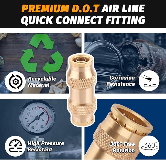 3/8" Dot Push-To-Connect Fittings (Three-eighth of an inch) Air Fittings Straight Union 3/8" Tube OD Brass Push Air Brake line fittings for Trucks Trailers and Industrial Use (4 Pack)
