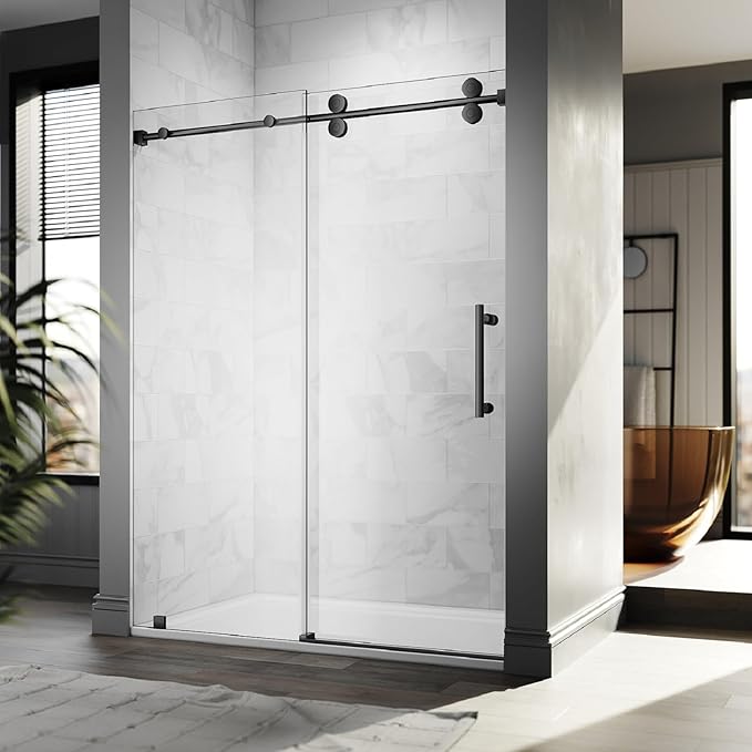 56-60 Inch x 84 Inch Sliding Frameless Shower Door, 3/8" Tempered Glass with Easy-Cleaning Coating, Stainless Steel Rollers & SGCC-Certified Stability, Matte Black
