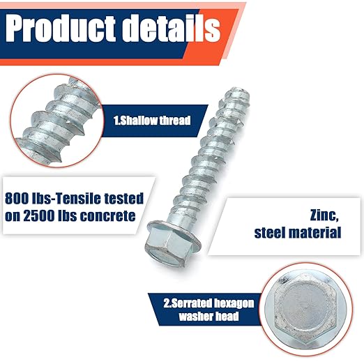 Tandefio 50 Pack 5/16" x 2" Concrete Screw Anchor Galvanized Large Diameter Heavy Duty Plated Concrete Anchors for Masonry Brick Anchoring Block Decking Framing Hex Drive