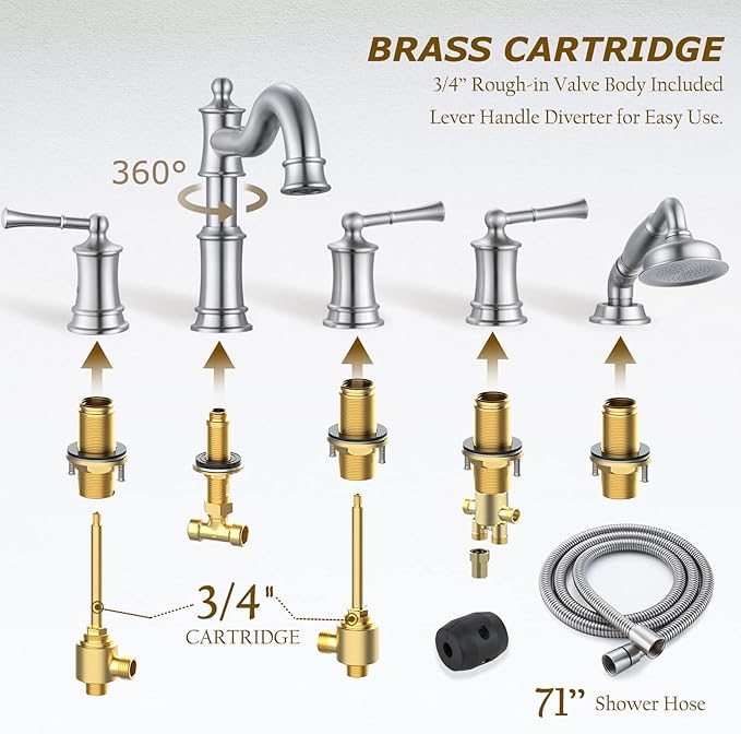 Roman Tub Faucet Set With Handheld Shower 5 Hole Deck Mount Tub Filler With Diverter, 3 Lever Handle Rough-in Valve and Water Supply Lines Included for Bathroom Tub, Brushed Nickel