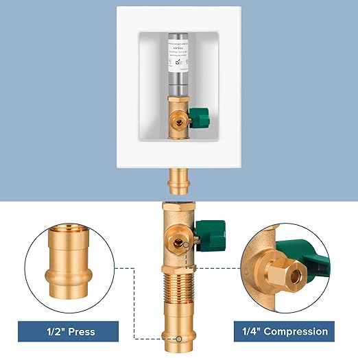 Ice Maker Outlet Box with Water Hammer Arrestor, 1/2-Inch Press x 1/4-Inch OD Compression with 1/4-Turn Ball Valve, Ice Maker Valve Wall Box with Faucet, Absorb Shock and Reduce Noise