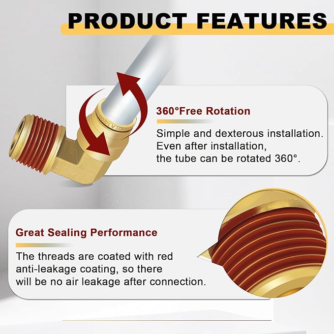 Siptenk 1/2" Elbow DOT Brass Push to Connect Air Line Fittings 5 PCS, 1/2" OD Tube x 1/2" NPT Thread Air Brake Line Quick Connect Fittings for Truck Trailers Industry Air System