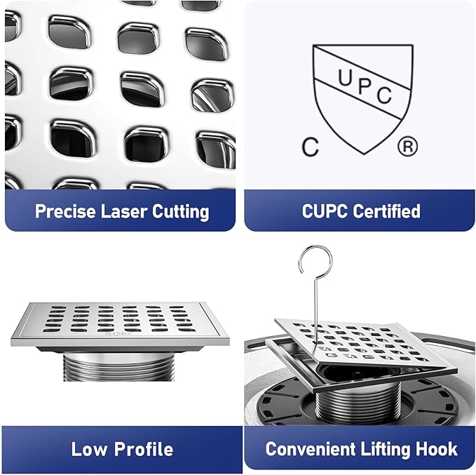 Square Shower Drain, 4" Brushed 304 Stainless Steel Drain Grate Removable Drain Key with PVC Bonding Flange Base for Low Profile Shower Floor Tiles, CUPC Certified