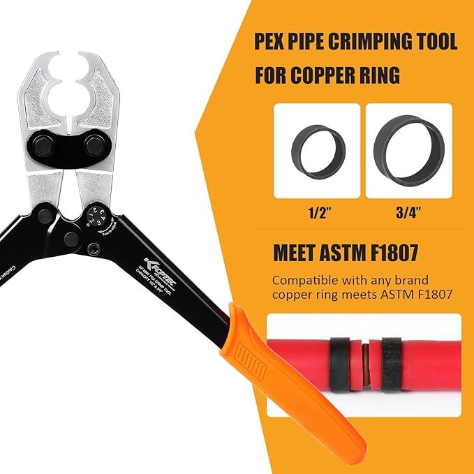 KF CPTEC 1/2'' & 3/4'' Combo PEX Crimping Tool for Copper Crimp Rings with Go/No-Go Gauge, Meets ASTM F1807 Standard, Durable Plumbing Tool