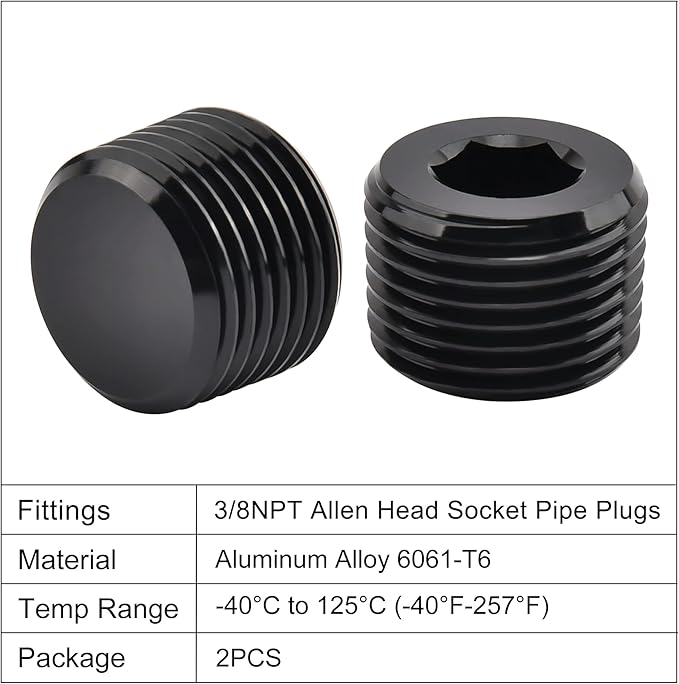 EVIL ENERGY 3/8" NPT Plugs Aluminum Socket Allen Head Black, Pack of 2