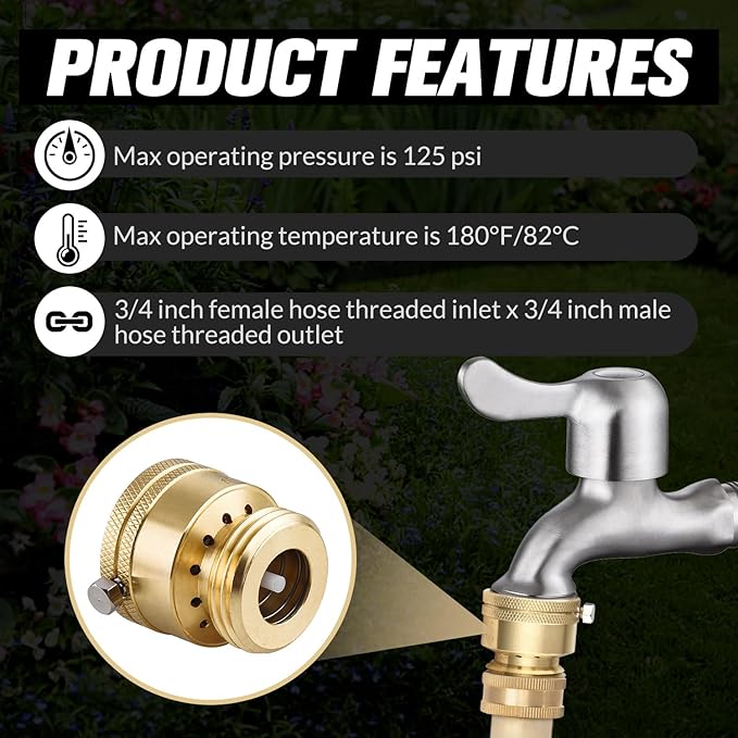 2 PCS Brass Vacuum Breaker Set 3/4 Inch GHT Lead-Free Compliant Brass Anti-Siphon Bib Valve for Vacuum Breaker Outside Faucet RV Hose Connection Backflow Preventer Connector with Tape、Extra washers