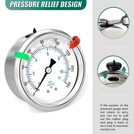 0-160psi Stainless Steel Glycerin Liquid Filled Pressure Gauge 1/4" NPT 2.5" Face Dial Center Back Mount, for Water, Oil and Air Pressure Testing (with Range Mark Pointer)