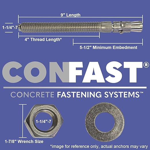 CONFAST 1-1/4" x 9" Wedge Anchor Zinc Plated (Box of 5)