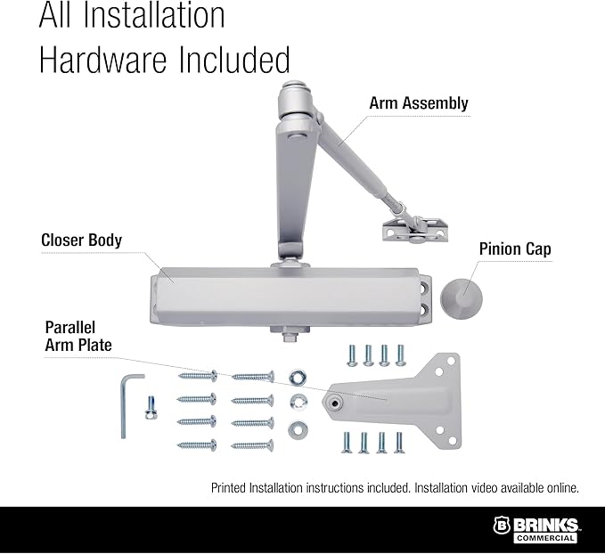 Brinks Commercial Heavy Duty UL Listed Door Closer, Aluminum Finish - Commercial Door Hardware for Offices & Buildings