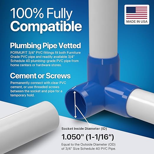FORMUFIT 3/4” 3-Way Elbow Furniture Grade PVC Fitting in Blue, Made in USA, UV-Resistant, Impact-Proof, 1.050” Actual Socket Diameter (Pack of 8)